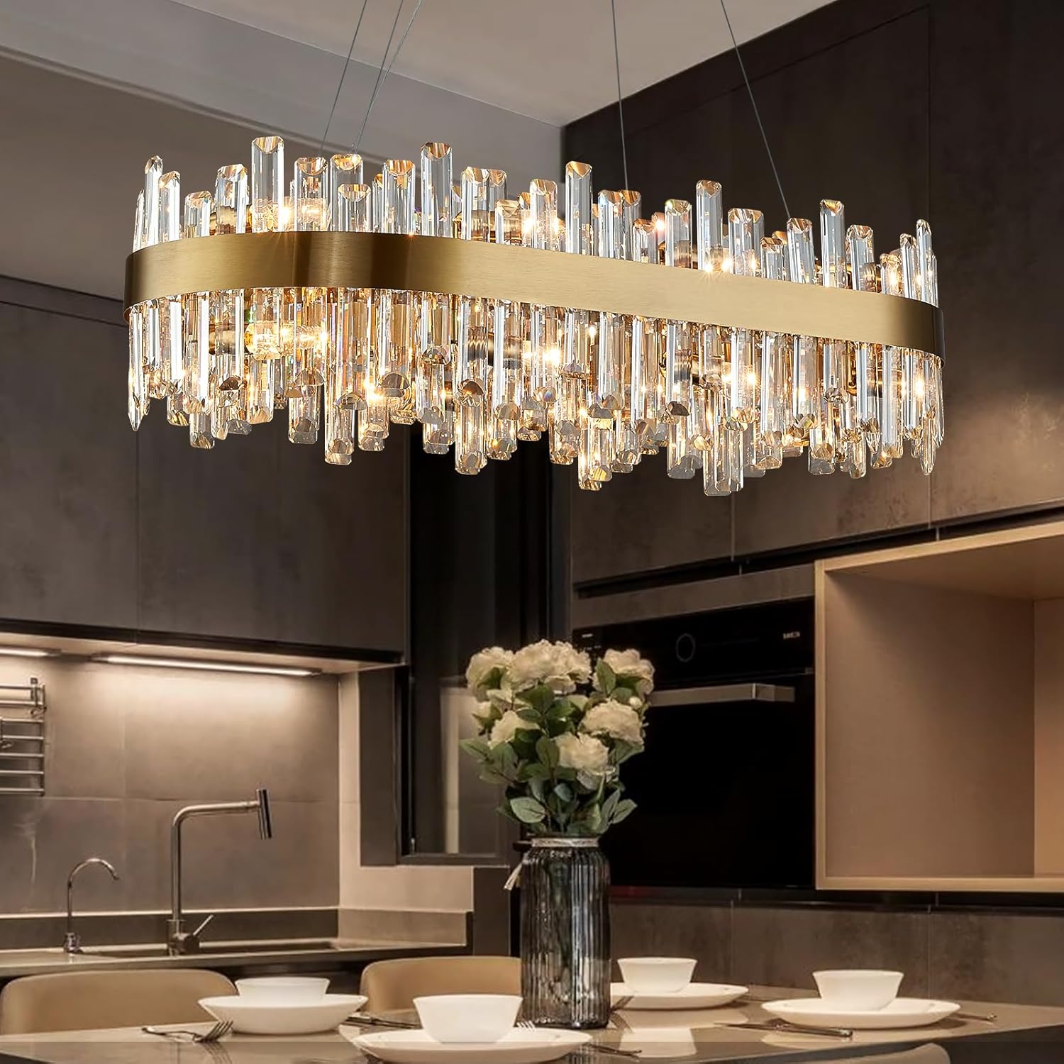 Modern Brushed Gold Rectangular Crystal Chandelier – 16-Light E12 LED Pendant for Dining Room or Kitchen Island