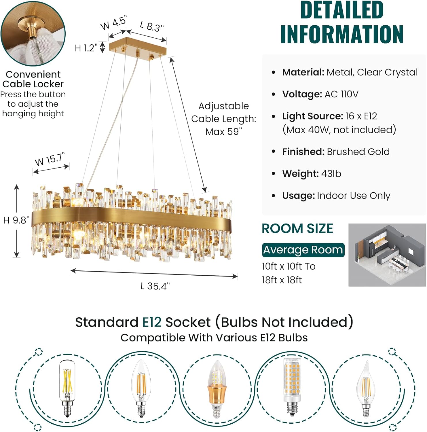 Modern Brushed Gold Rectangular Crystal Chandelier – 16-Light E12 LED Pendant for Dining Room or Kitchen Island