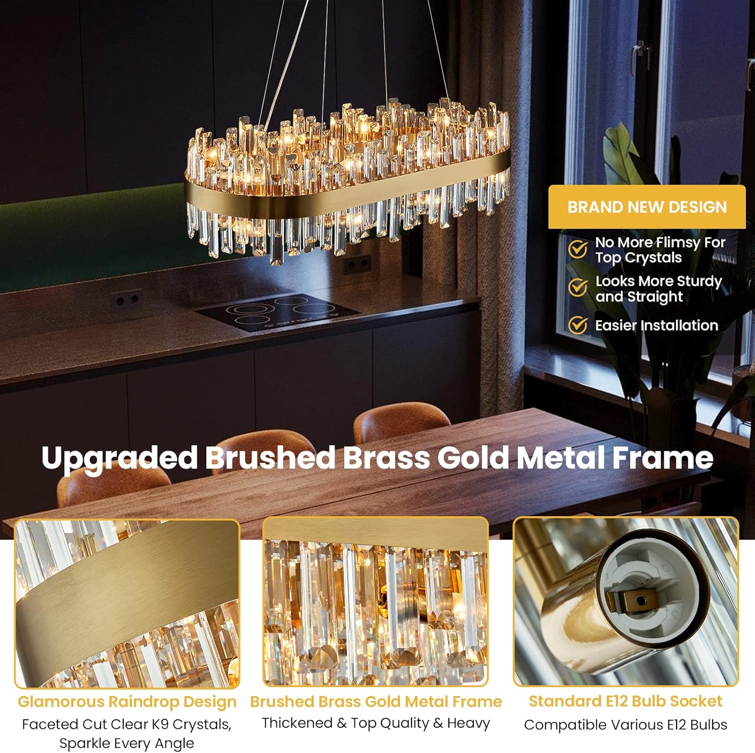 Modern Brushed Gold Rectangular Crystal Chandelier – 16-Light E12 LED Pendant for Dining Room or Kitchen Island
