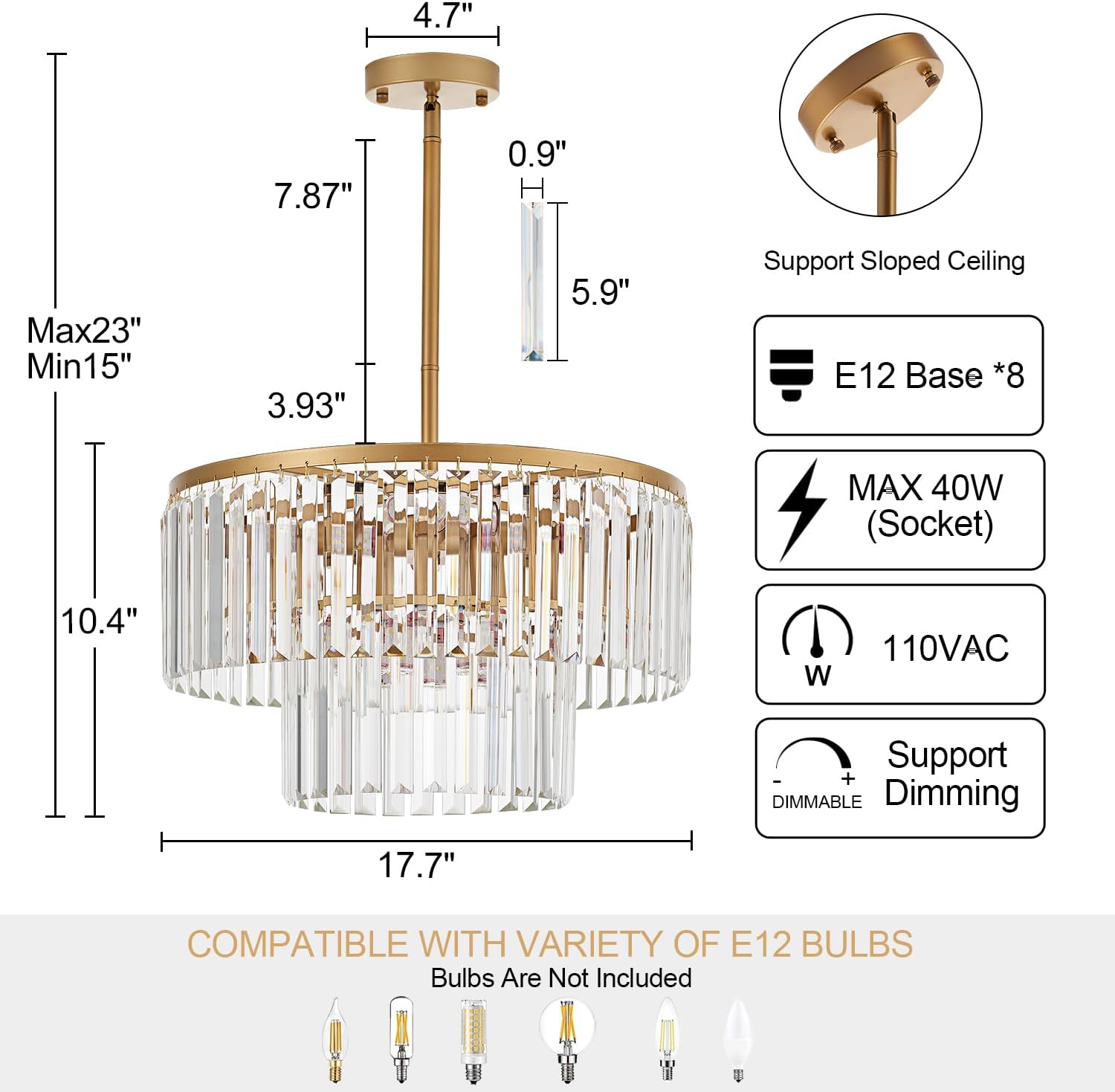 Luxury Round Crystal Chandelier - 8-Light Modern Gold Pendant with Dimmable E12 Base, Adjustable Height for Dining Room, Living Room, Hallway