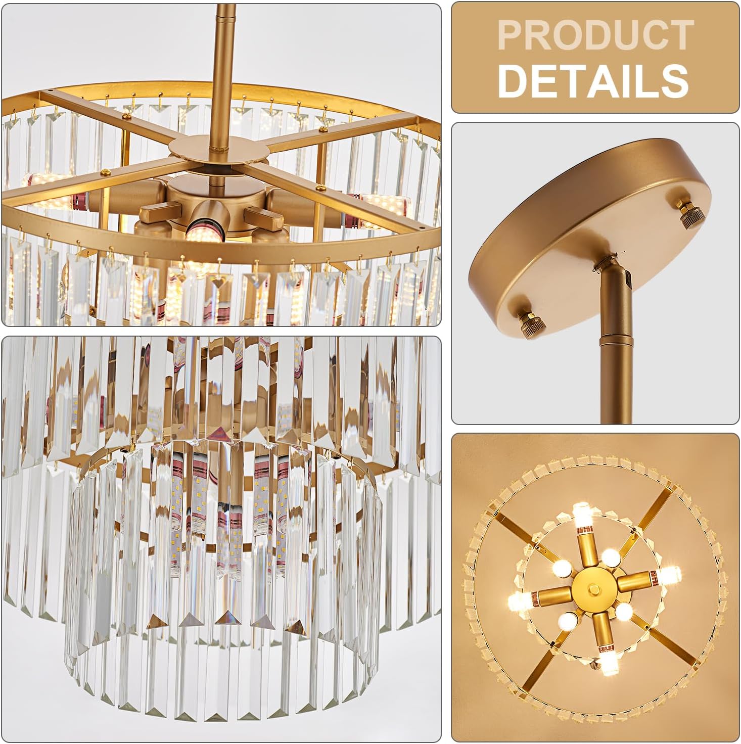 Luxury Round Crystal Chandelier - 8-Light Modern Gold Pendant with Dimmable E12 Base, Adjustable Height for Dining Room, Living Room, Hallway