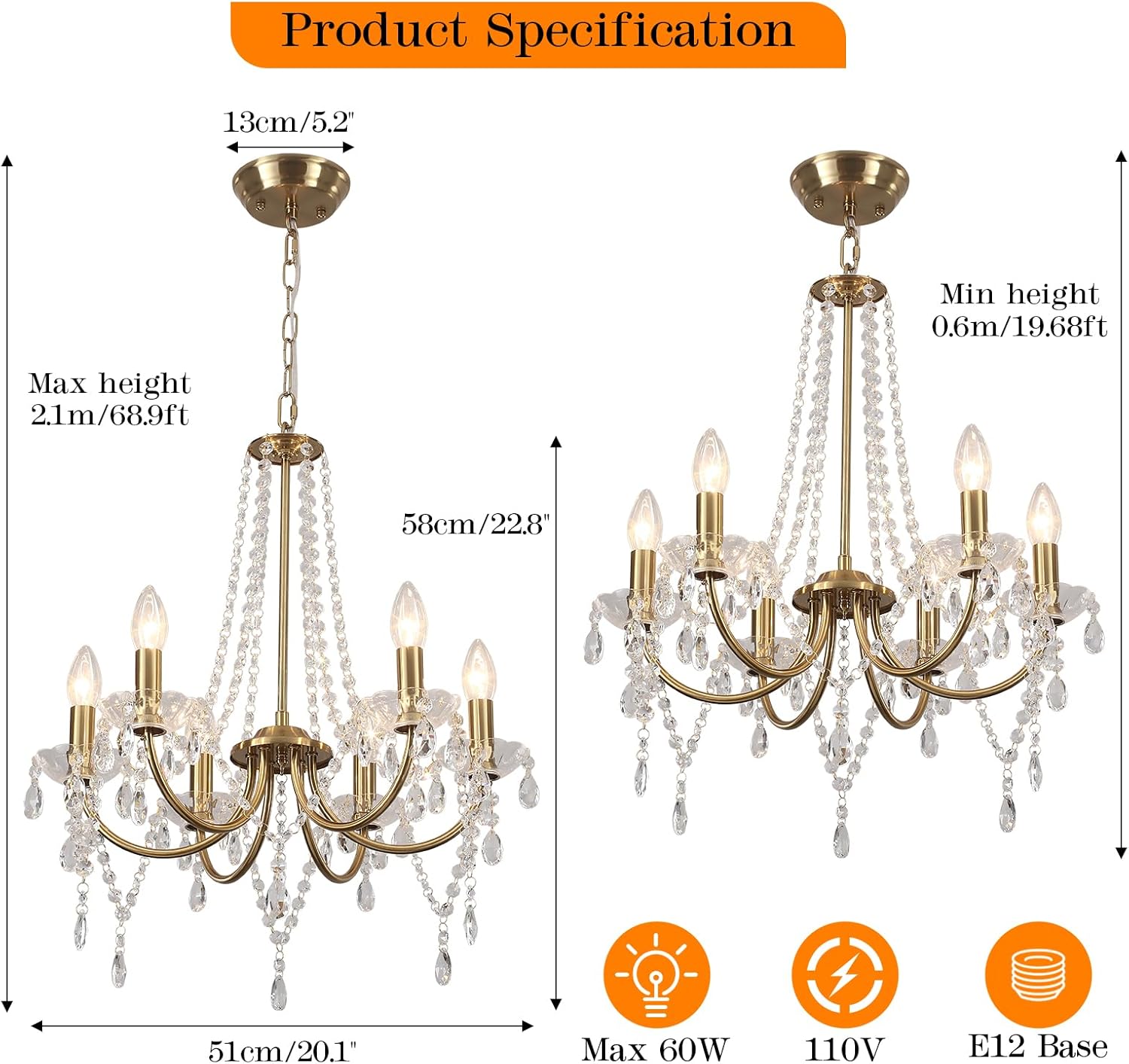 8-Light Gold Crystal Chandelier – 20.1