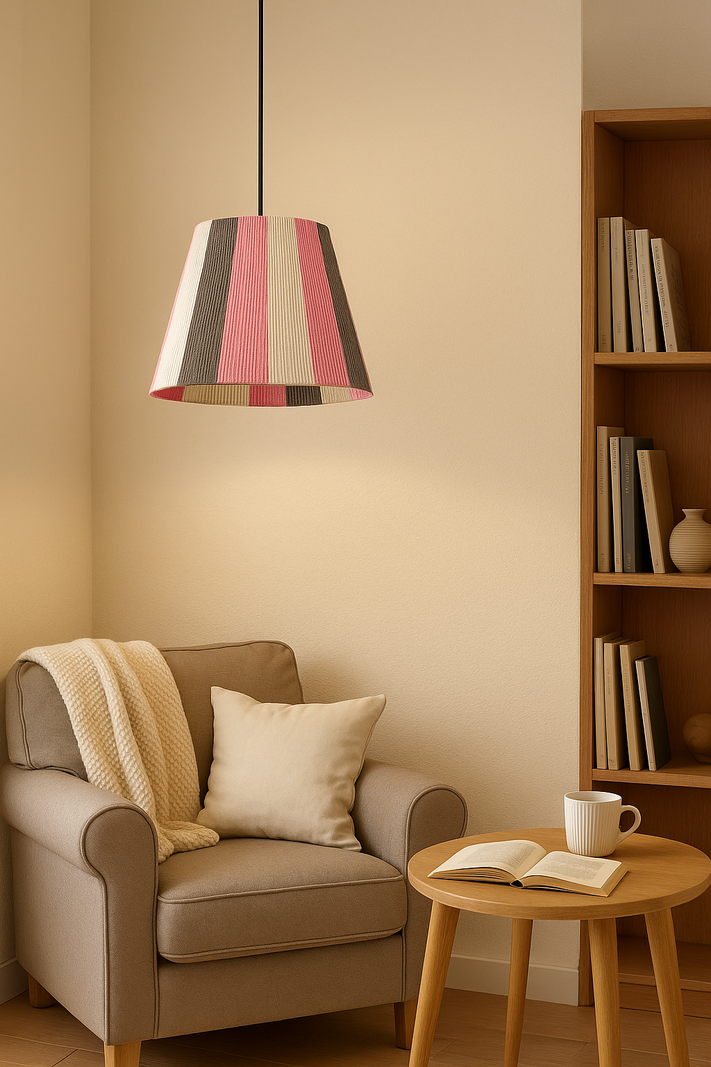 Pink Striped Cotton String Pendant Light - Handmade Woven Lampshade, Adjustable Ceiling Lamp