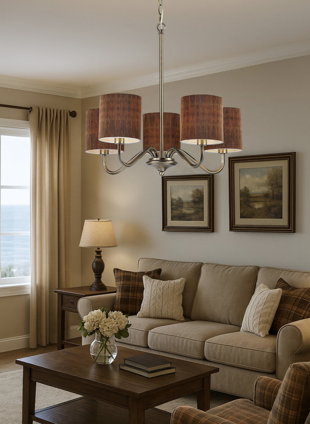 Modern Adjustable Height 5-Light Gold Chandelier with Ribbed Fabric Shades