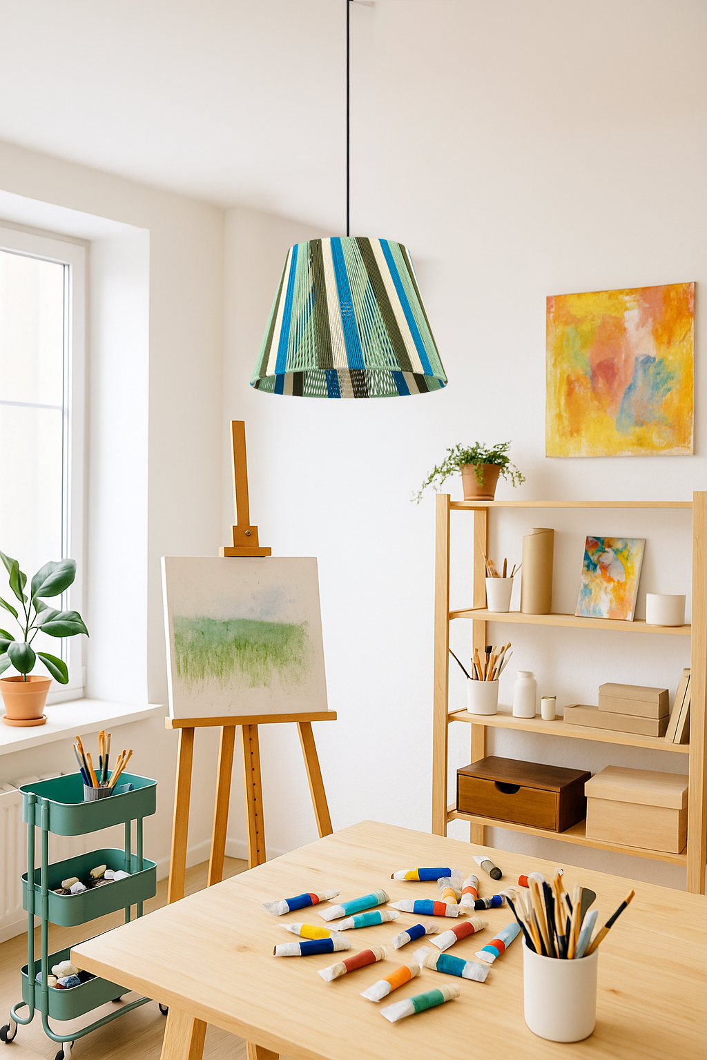 Colorful Cotton String Pendant Light - Handmade Woven Lampshade, Adjustable Ceiling Lamp