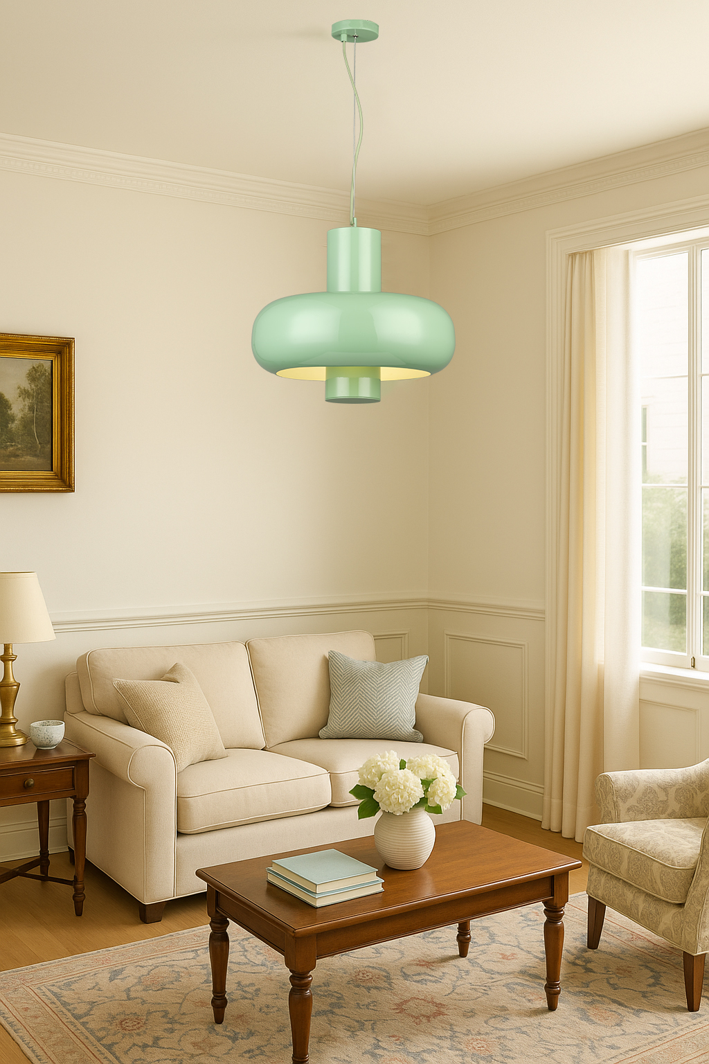 Modern Mint Green Round Metal Pendant Light - Dimmable LED, Adjustable Hanging Ceiling Lamp