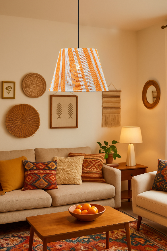 Handmade Cotton String Pendant Light - Adjustable Height, Orange & White Woven Lampshade