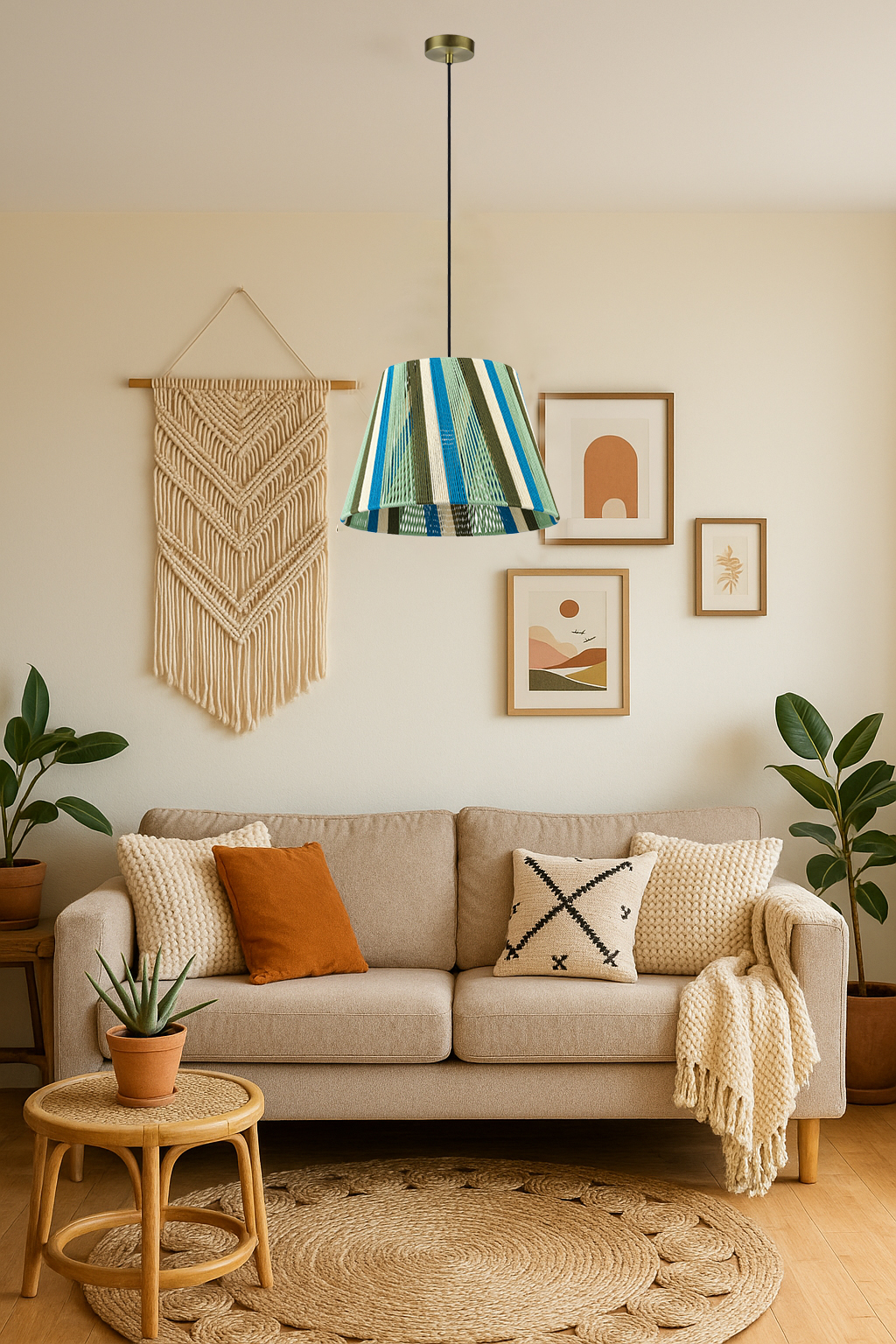 Colorful Cotton String Pendant Light - Handmade Woven Lampshade, Adjustable Ceiling Lamp