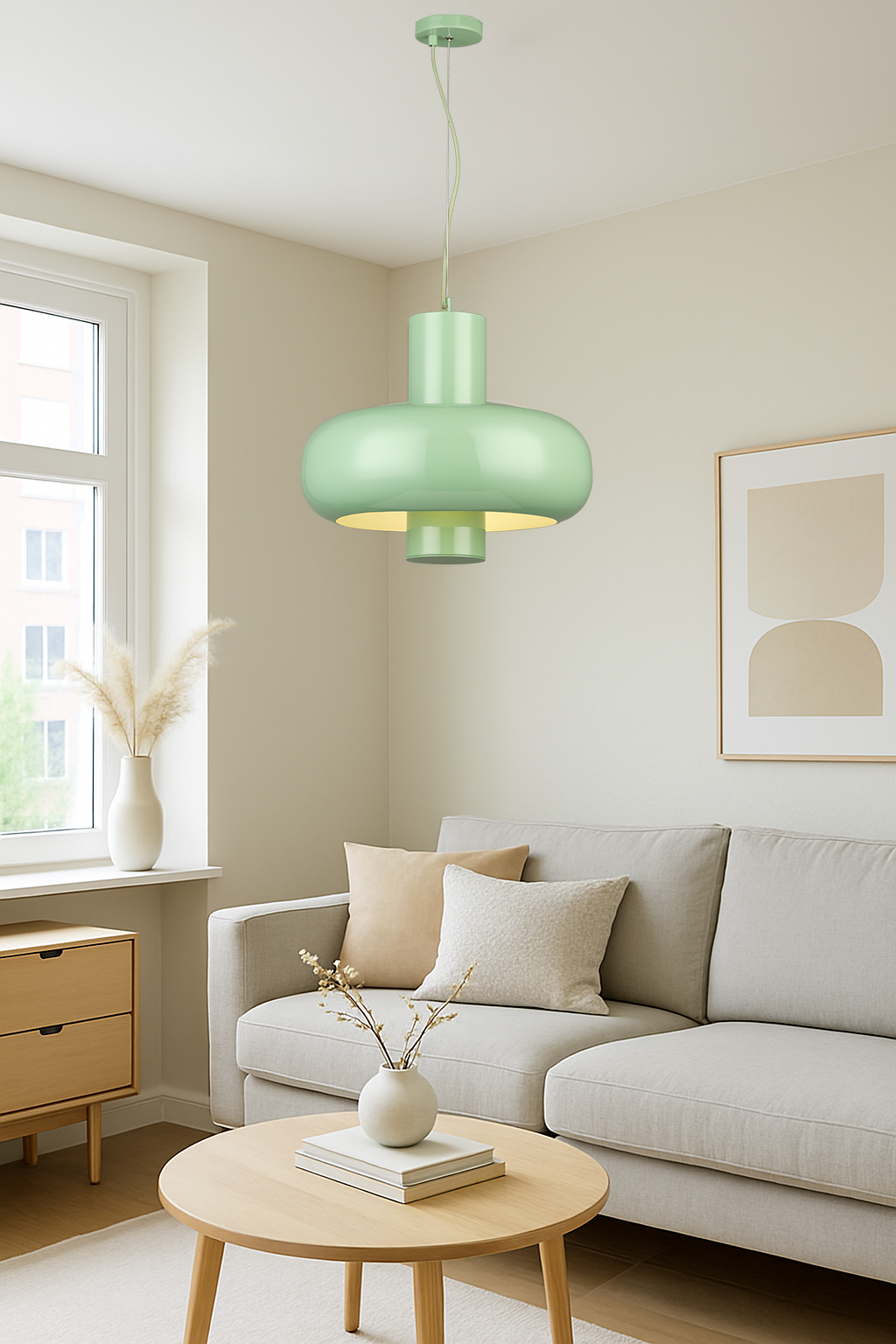 Modern Mint Green Round Metal Pendant Light - Dimmable LED, Adjustable Hanging Ceiling Lamp