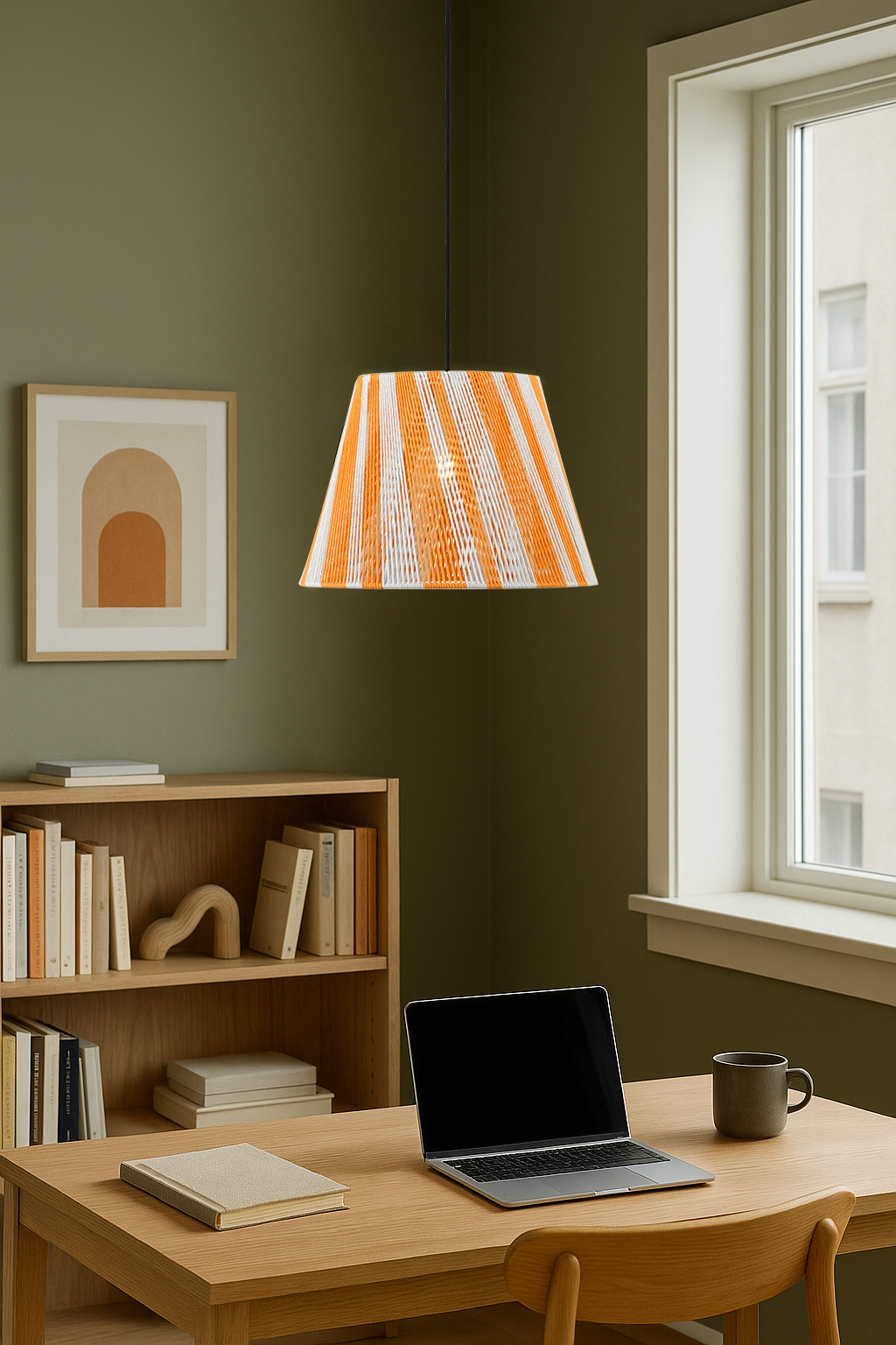 Handmade Cotton String Pendant Light - Adjustable Height, Orange & White Woven Lampshade