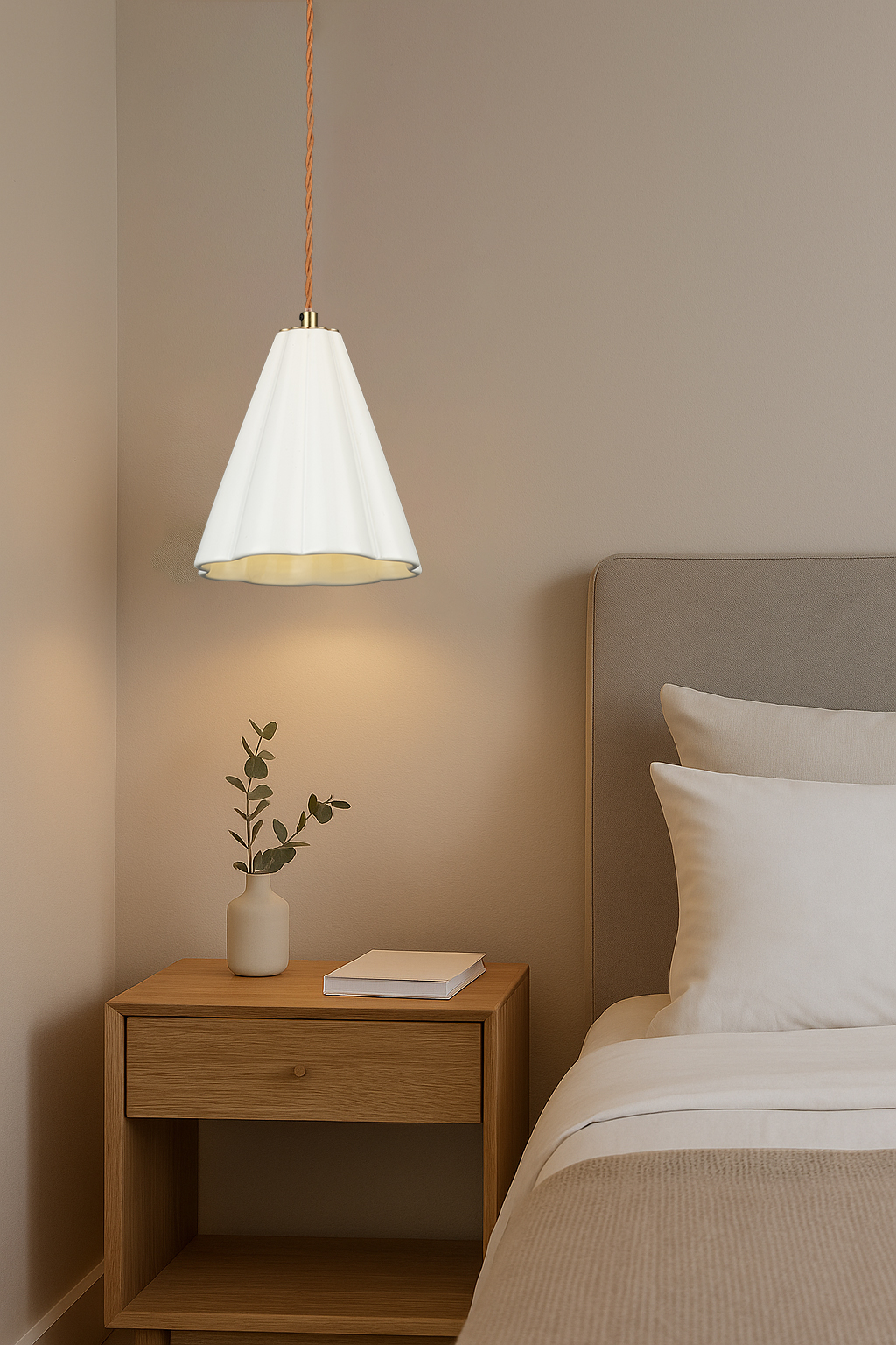 White Ceramic Pendant Light - Adjustable Height, Dimmable LED Modern Hanging Lamp