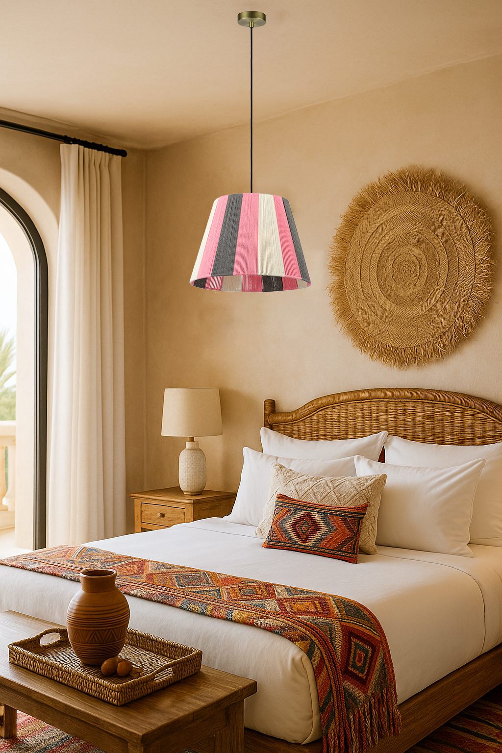 Pink Striped Cotton String Pendant Light - Handmade Woven Lampshade, Adjustable Ceiling Lamp