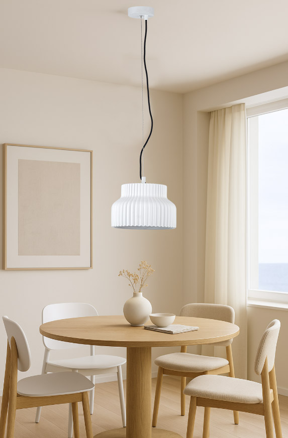 Scandinavian White Ribbed Dome Pendant Light with Adjustable Cord