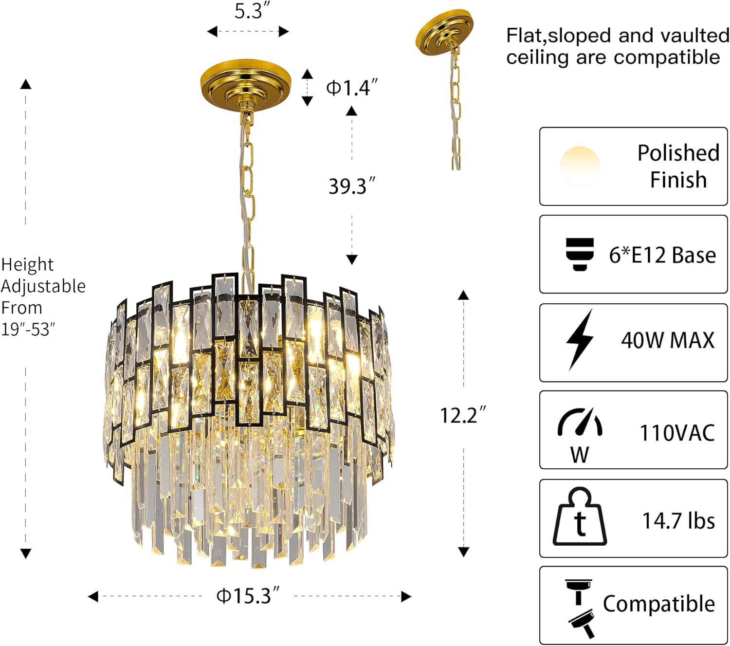 Luxury Round Crystal Chandelier with Polished Gold Ceiling Plate