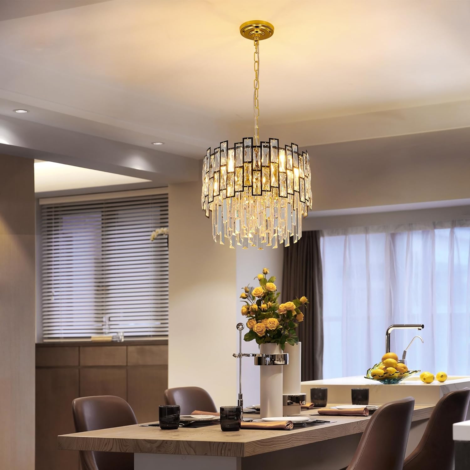 Luxury Round Crystal Chandelier with Polished Gold Ceiling Plate