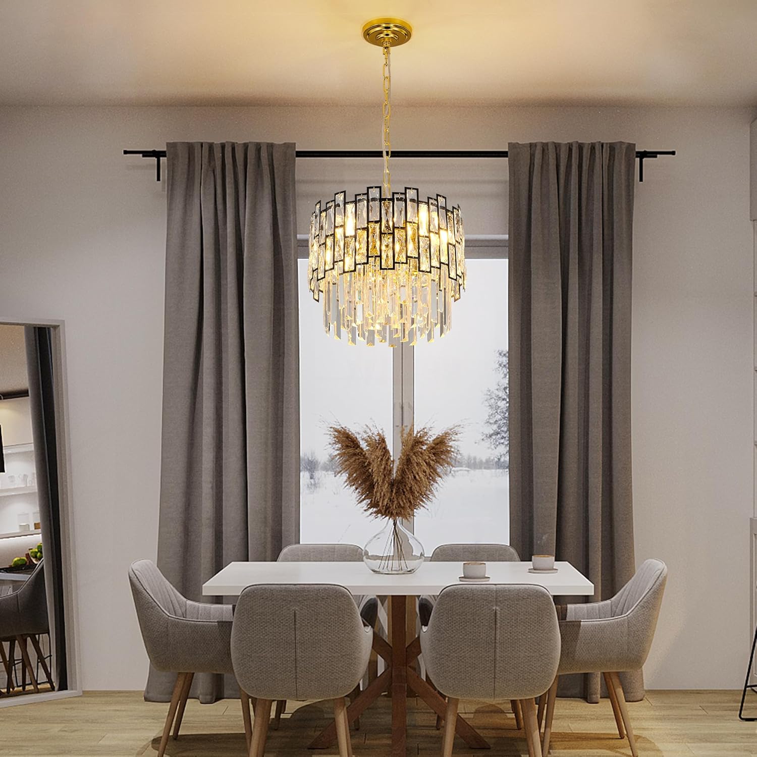 Luxury Round Crystal Chandelier with Polished Gold Ceiling Plate