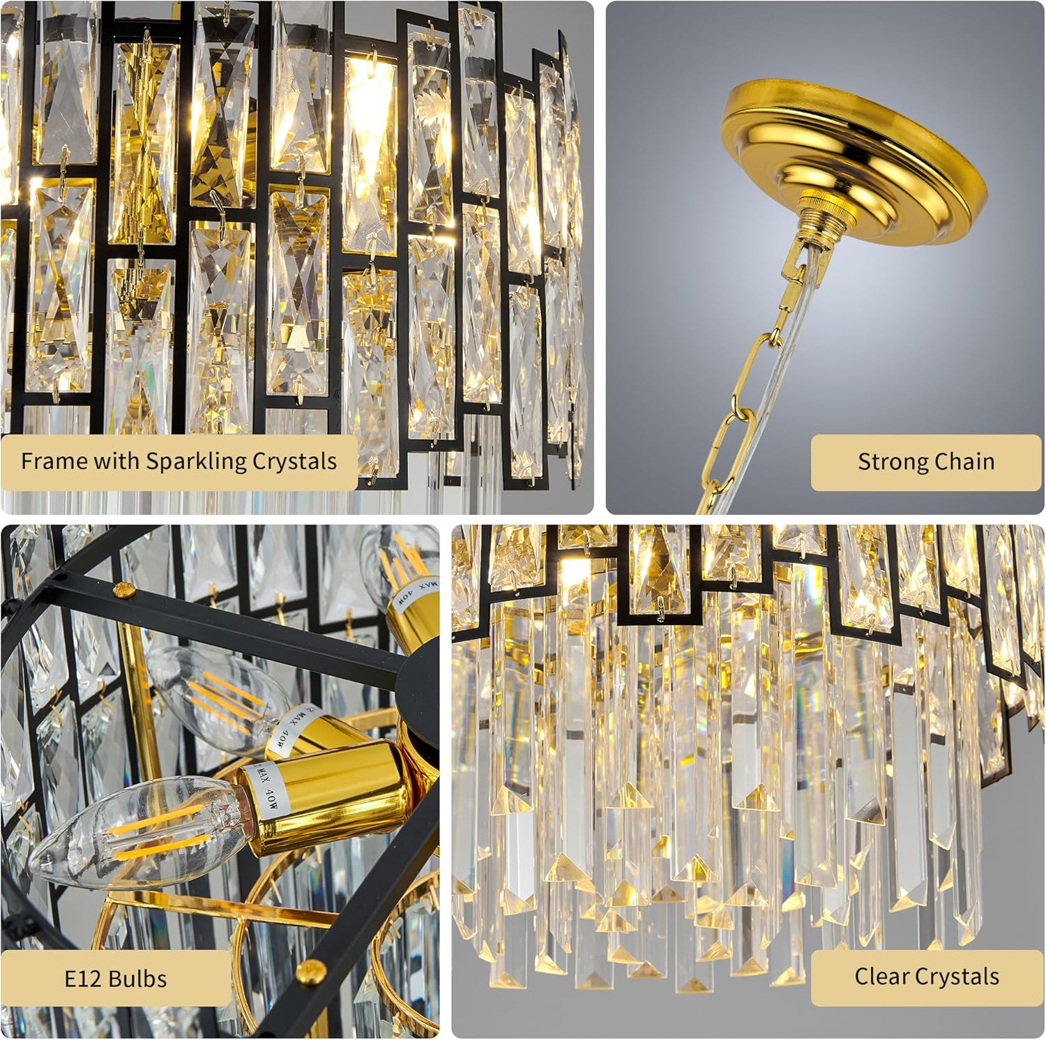 Luxury Round Crystal Chandelier with Polished Gold Ceiling Plate