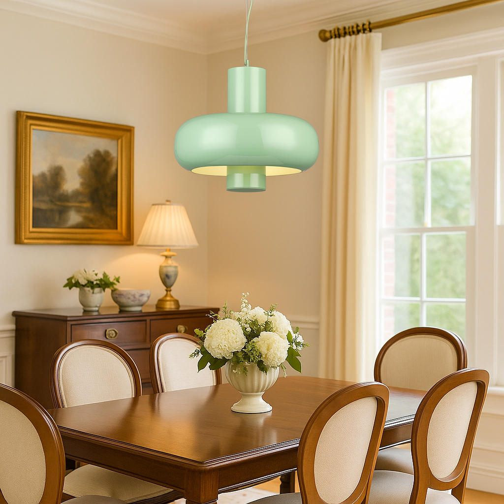 Modern Mint Green Round Metal Pendant Light - Dimmable LED, Adjustable Hanging Ceiling Lamp