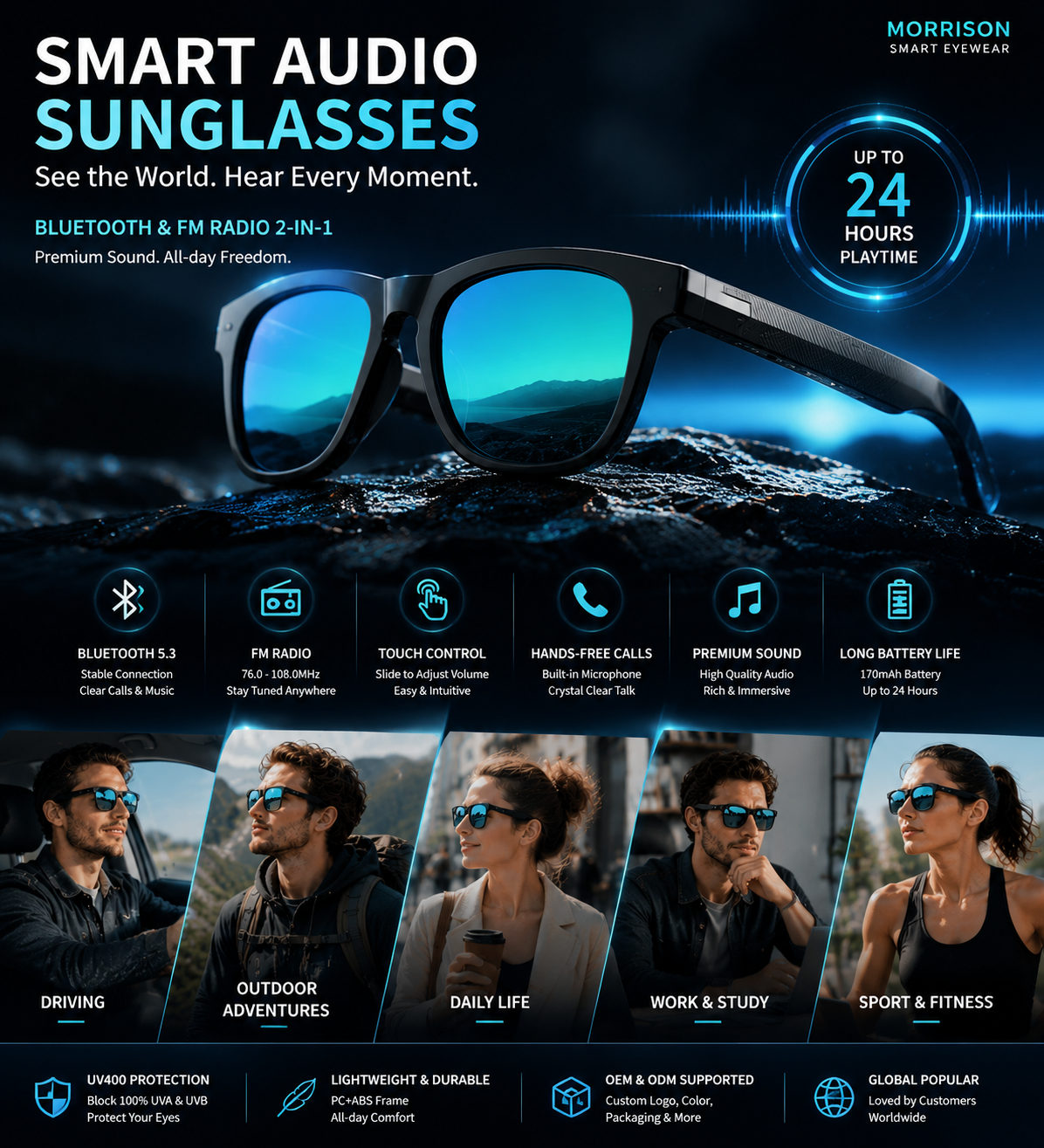 Morrison Bluetooth FM Radio Smart Glasses UV400 Wireless Audio Sunglasses