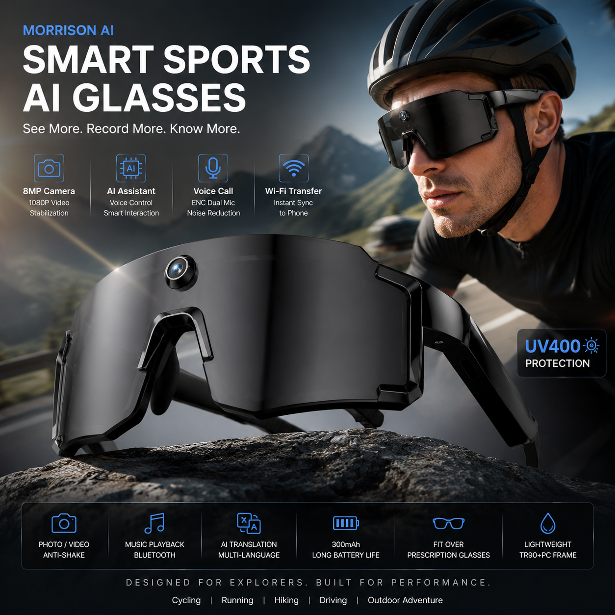 Morrison AI Cycling Sports Camera Smart Glasses with 8MP POV Video, OIS, UV400 Lens and Bluetooth