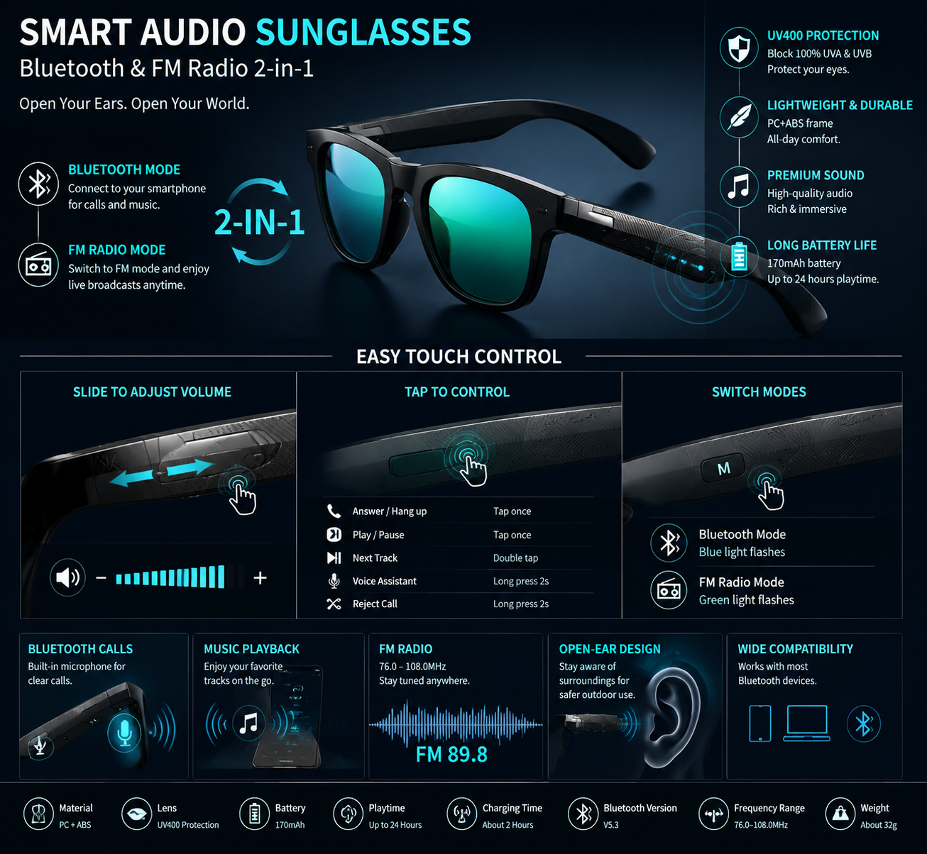 Morrison Bluetooth FM Radio Smart Glasses UV400 Wireless Audio Sunglasses