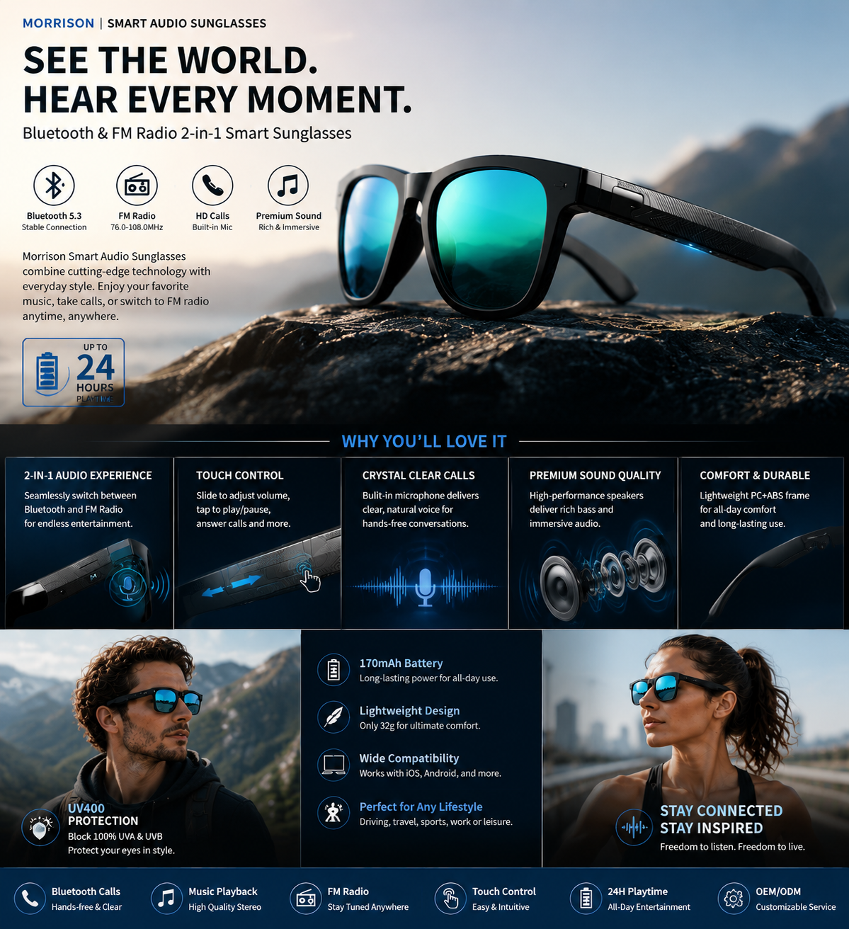 Morrison Bluetooth FM Radio Smart Glasses UV400 Wireless Audio Sunglasses