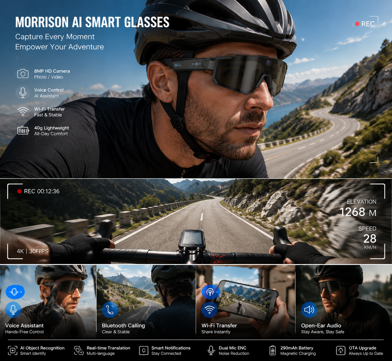 Morrison Bluetooth HD POV Video Shooting Vlog AI Smart Glasses with 8MP Camera