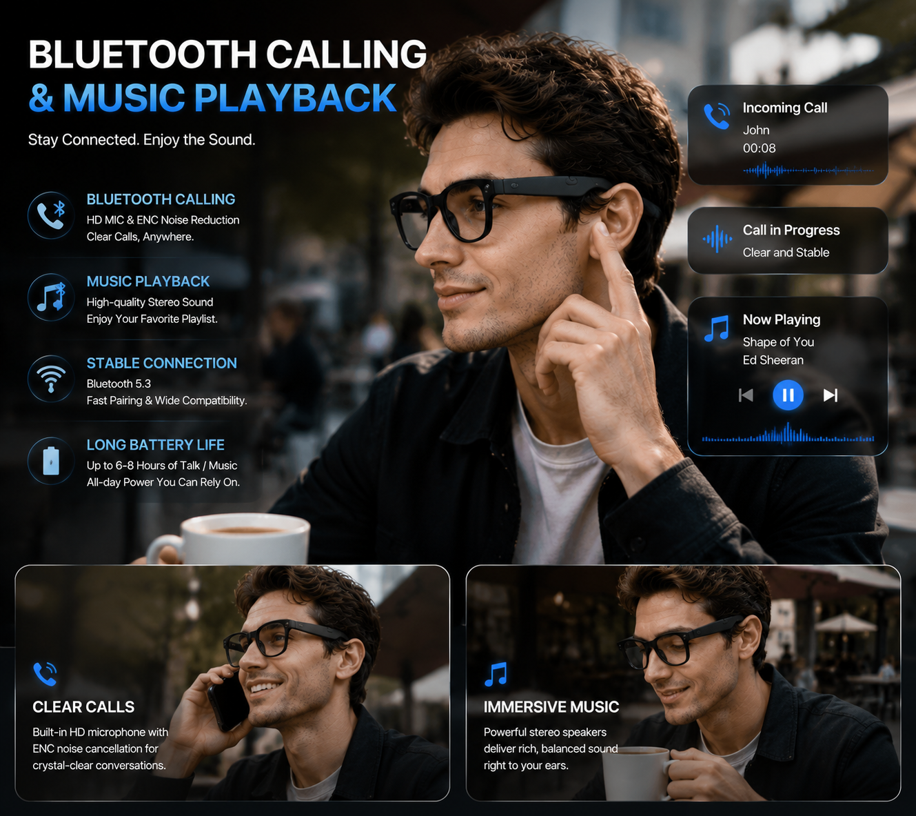 Morrison Bluetooth HD POV Video Shooting Vlog AI Smart Glasses with 8MP Camera