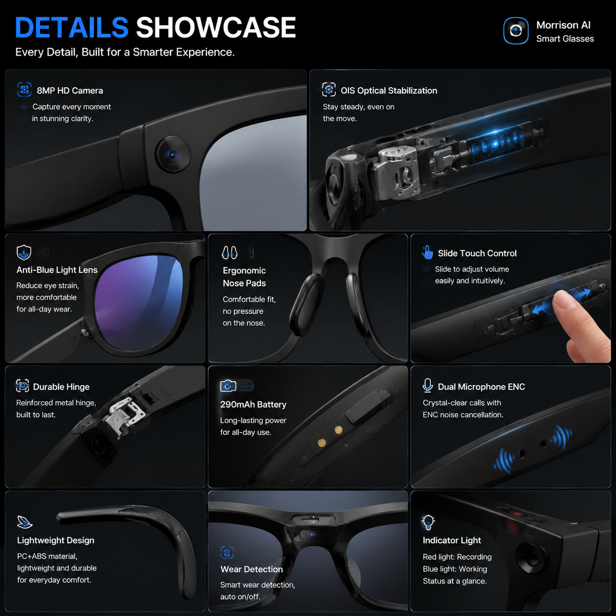 Morrison Bluetooth HD POV Video Shooting Vlog AI Smart Glasses with 8MP Camera