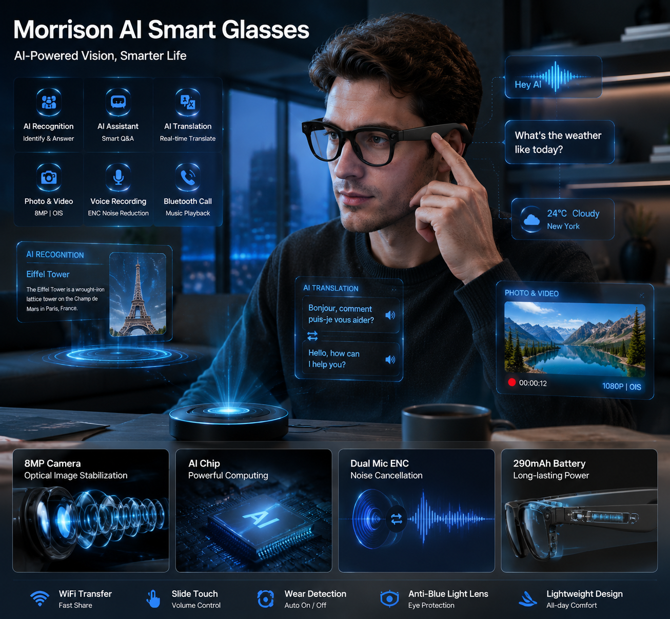 Morrison Bluetooth HD POV Video Shooting Vlog AI Smart Glasses with 8MP Camera