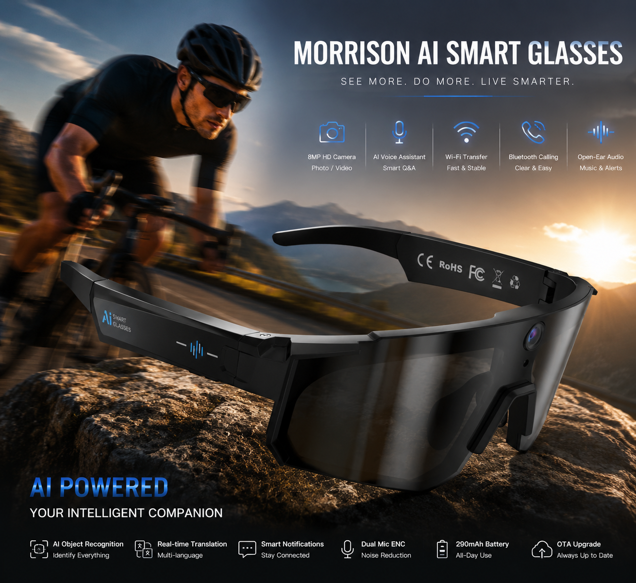 Morrison Bluetooth HD POV Video Shooting Vlog AI Smart Glasses with 8MP Camera