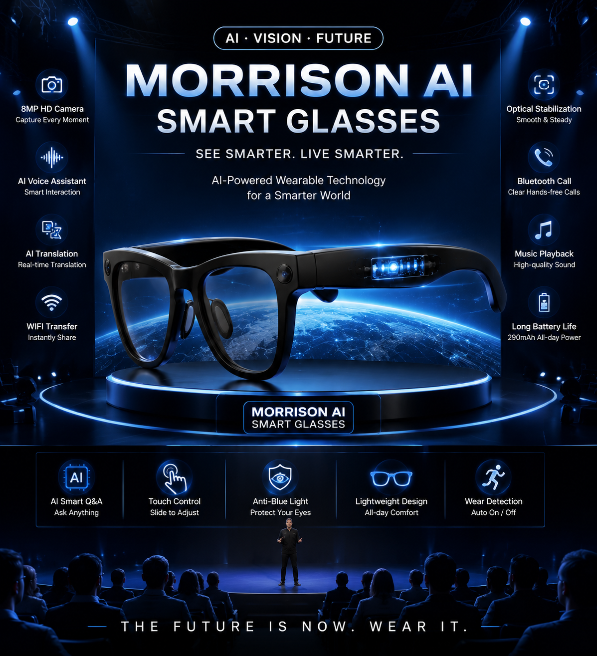 Morrison Bluetooth HD POV Video Shooting Vlog AI Smart Glasses with 8MP Camera