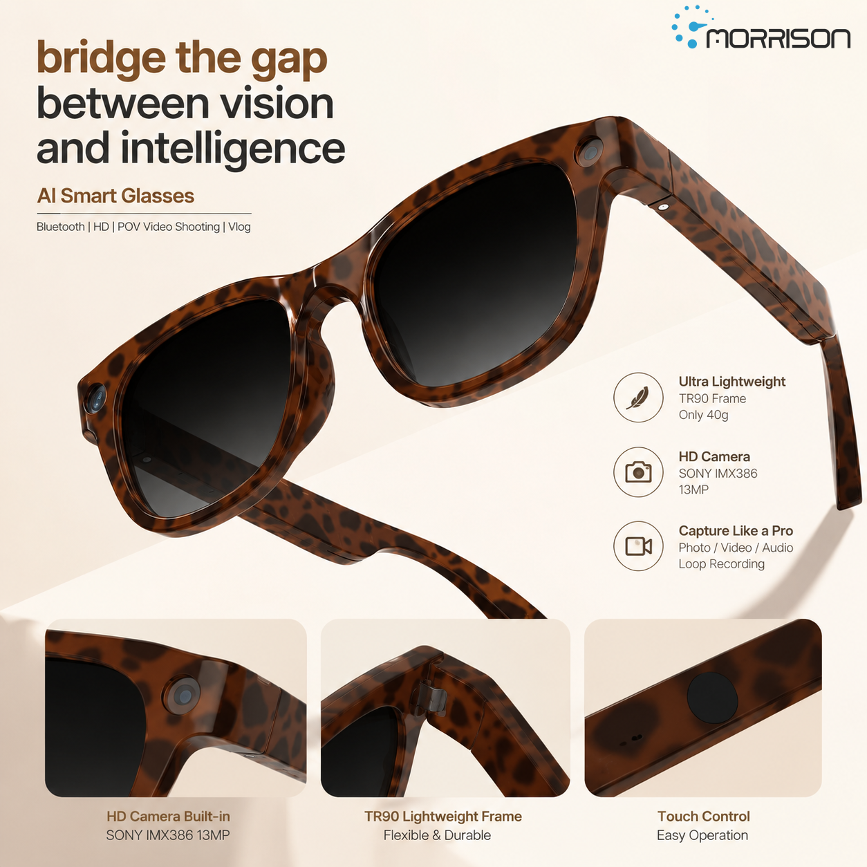Morrison Bluetooth HD POV Video Shooting Vlog AI Smart Glasses