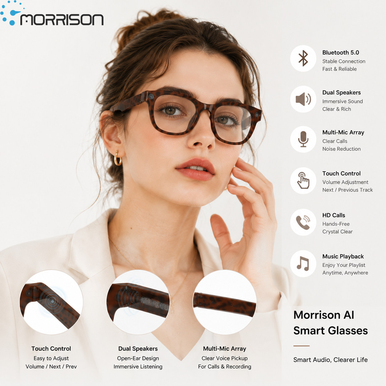 Morrison Bluetooth HD POV Video Shooting Vlog AI Smart Glasses with 13MP Camera Translation and Voice Assistant