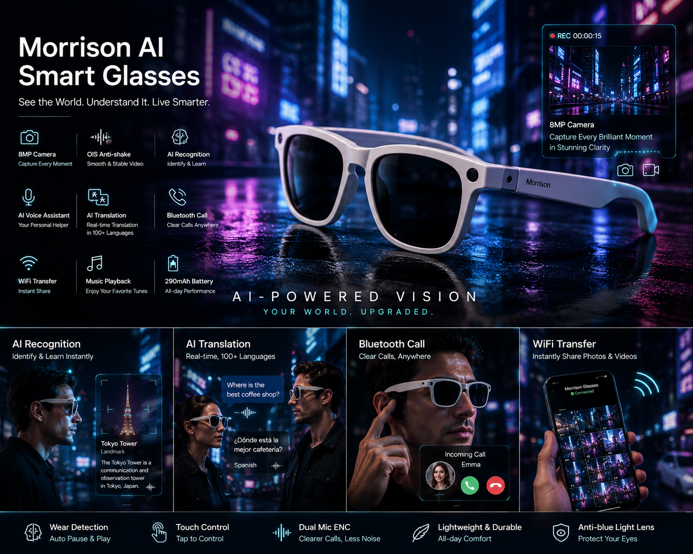Morrison Bluetooth HD POV Video Shooting Vlog AI Smart Glasses