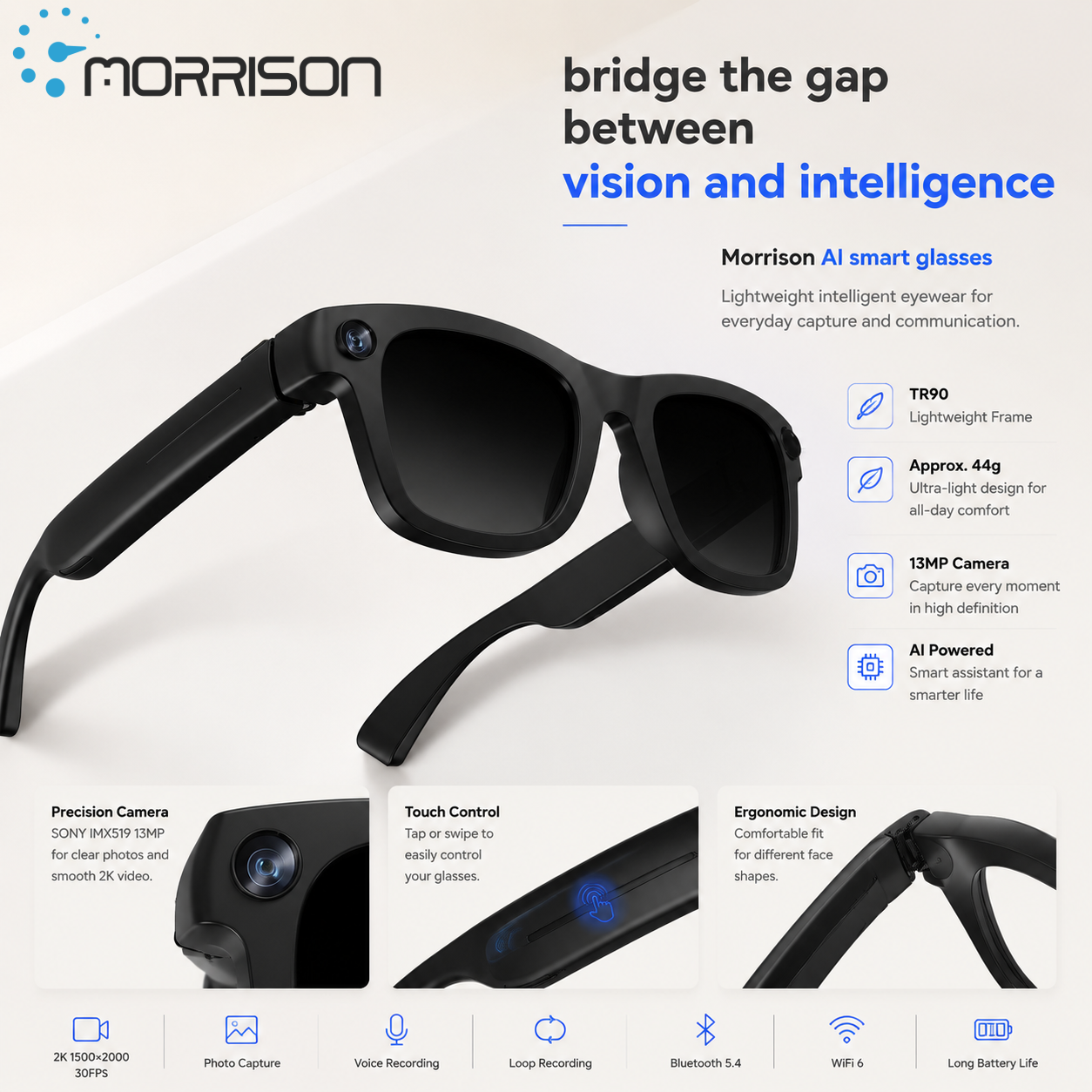 Morrison Bluetooth HD POV Video Shooting Vlog AI Smart Glasses with 2K Camera and AI Translation