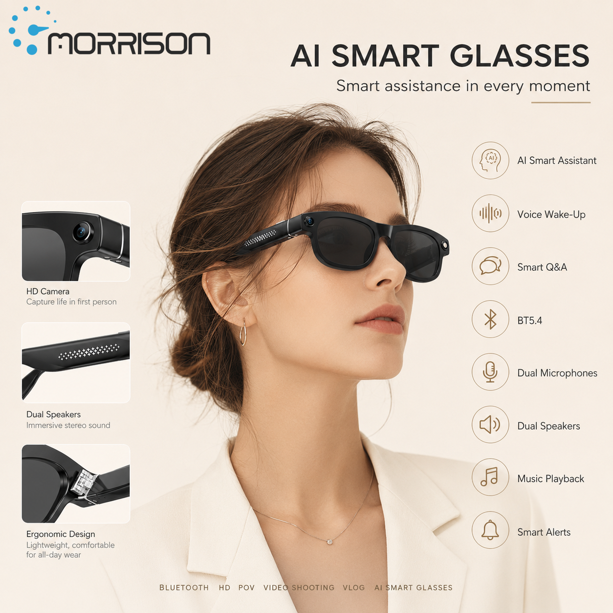 Morrison Bluetooth HD POV Video Shooting Vlog AI Smart Glasses