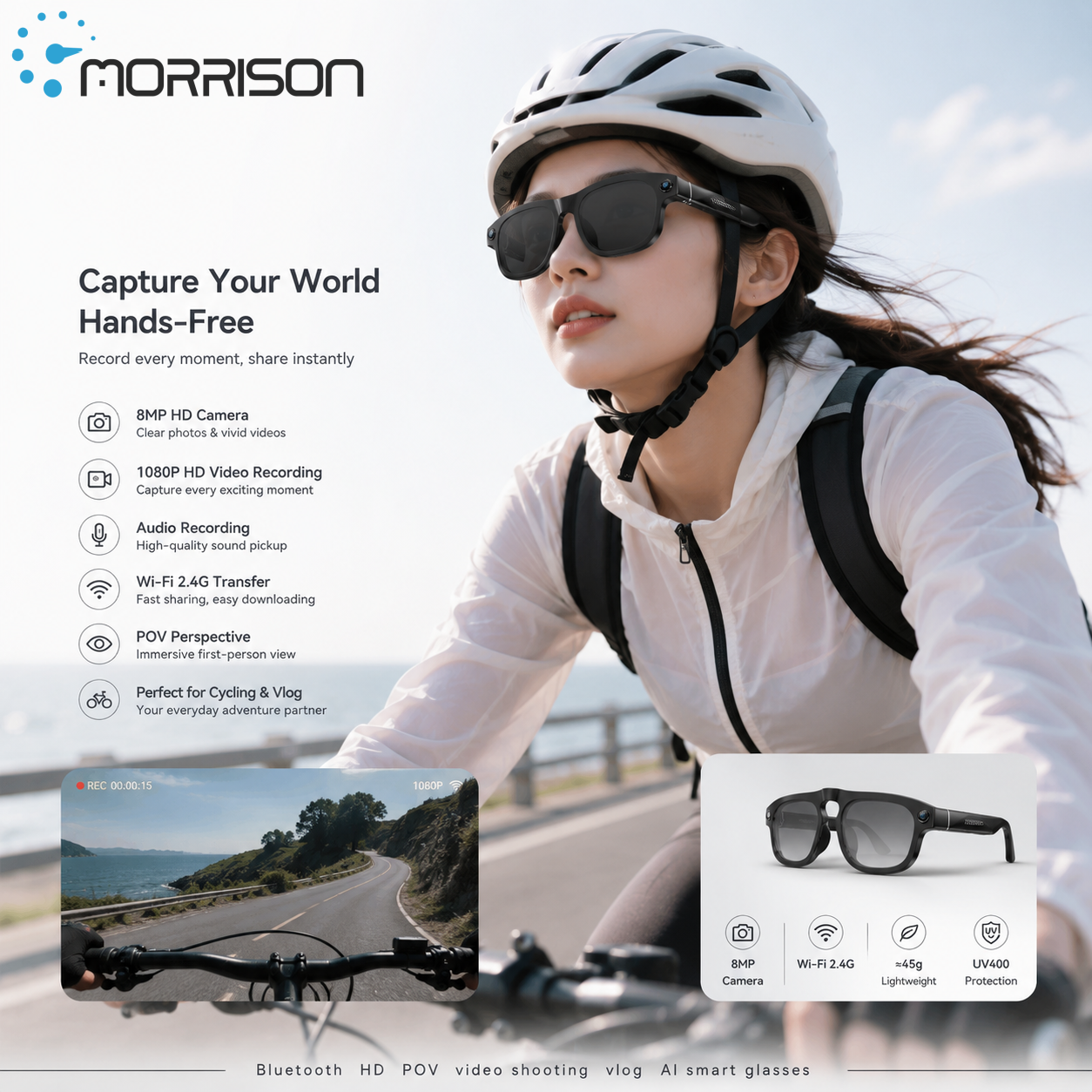 Morrison Bluetooth HD POV Video Shooting Vlog AI Smart Glasses