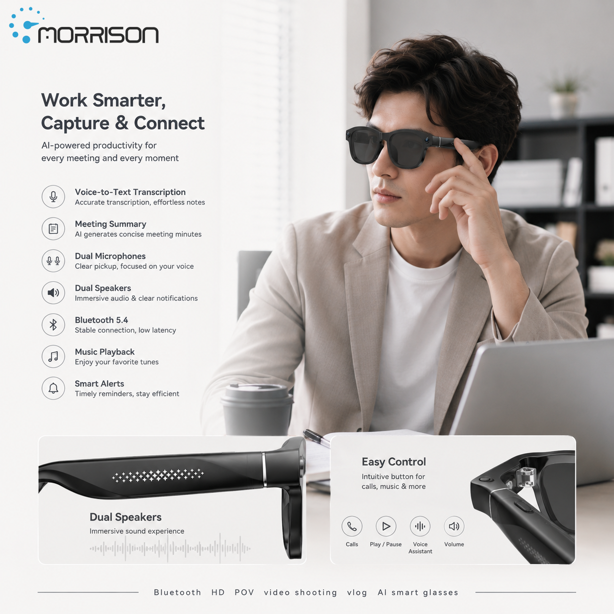Morrison Bluetooth HD POV Video Shooting Vlog AI Smart Glasses