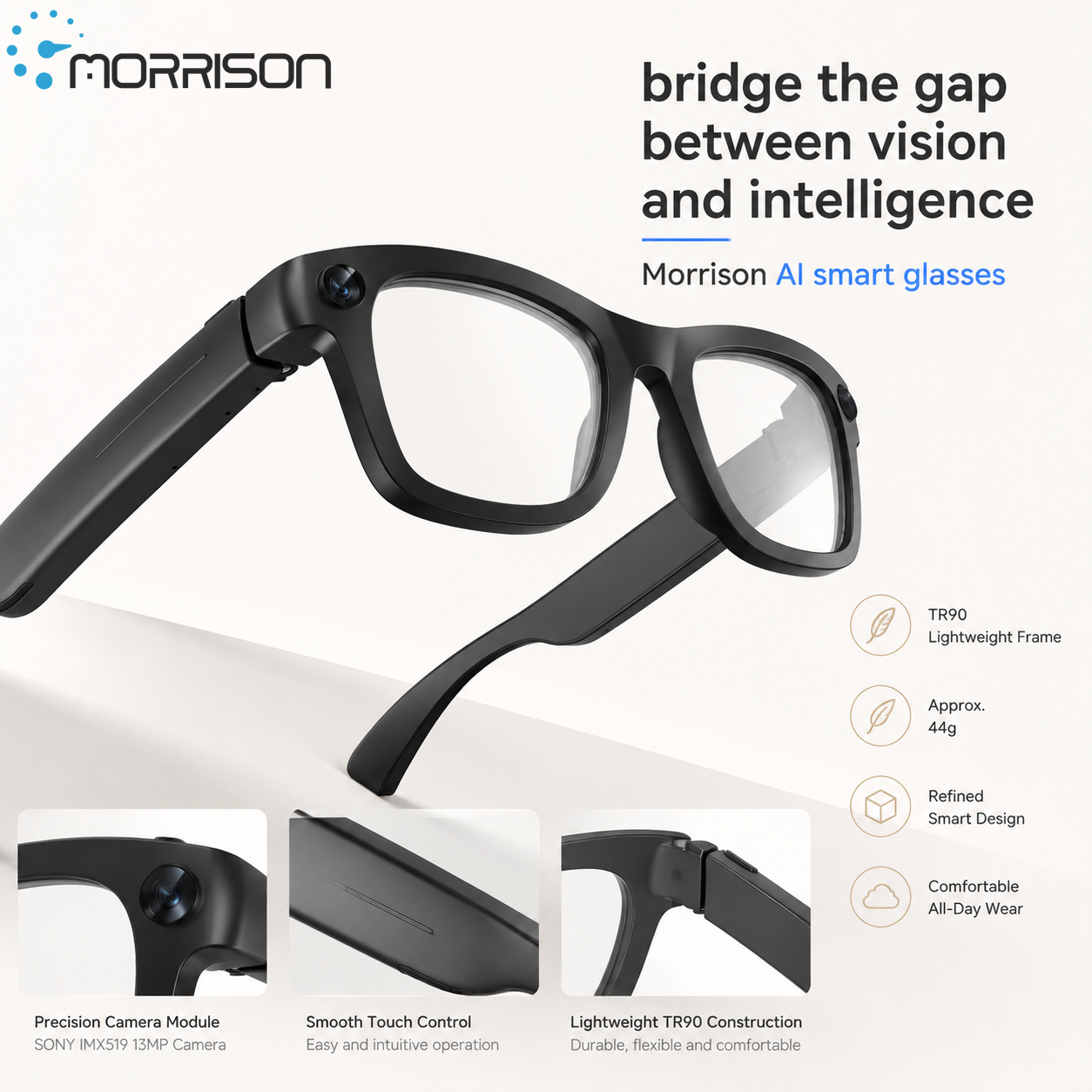 Morrison AI Smart Glasses – 2K POV Camera Bluetooth 5.4 HD Video Recording AI Translator Glasses