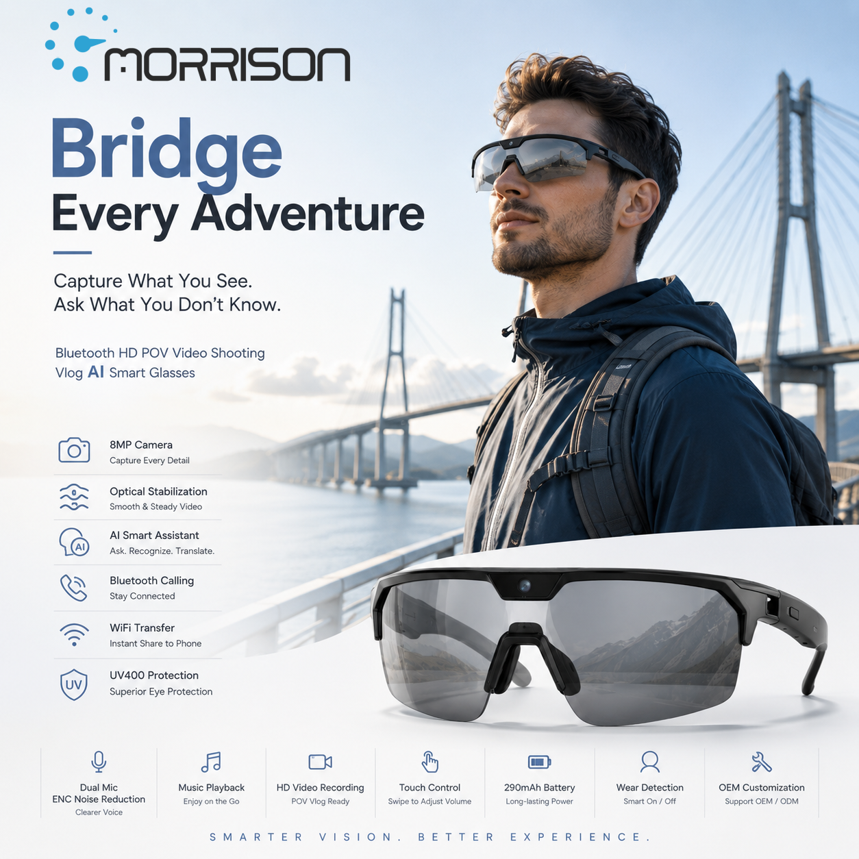 Morrison AI Smart Glasses 8MP Bluetooth HD POV Video Shooting Vlog AI Smart Glasses for Cycling Skiing Outdoor Sports