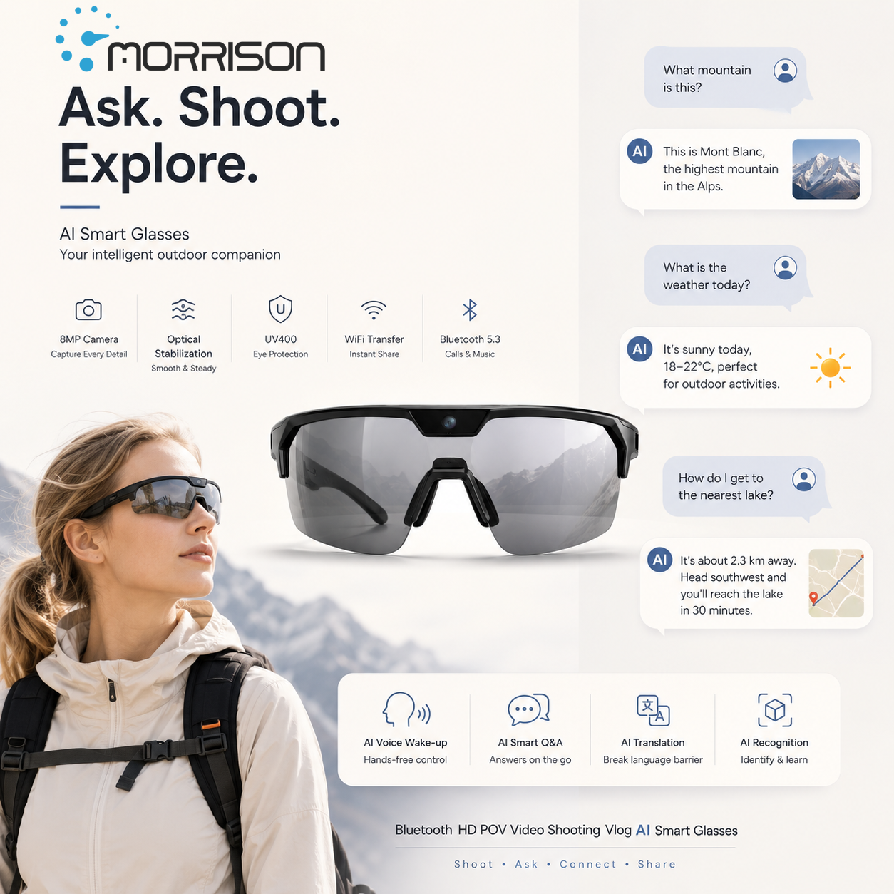 Morrison AI Smart Glasses 8MP Bluetooth HD POV Video Shooting Vlog AI Smart Glasses for Cycling Skiing Outdoor Sports