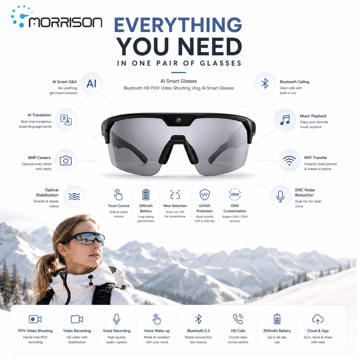 Morrison AI Smart Glasses 8MP Bluetooth HD POV Video Shooting Vlog AI Smart Glasses for Cycling Skiing Outdoor Sports