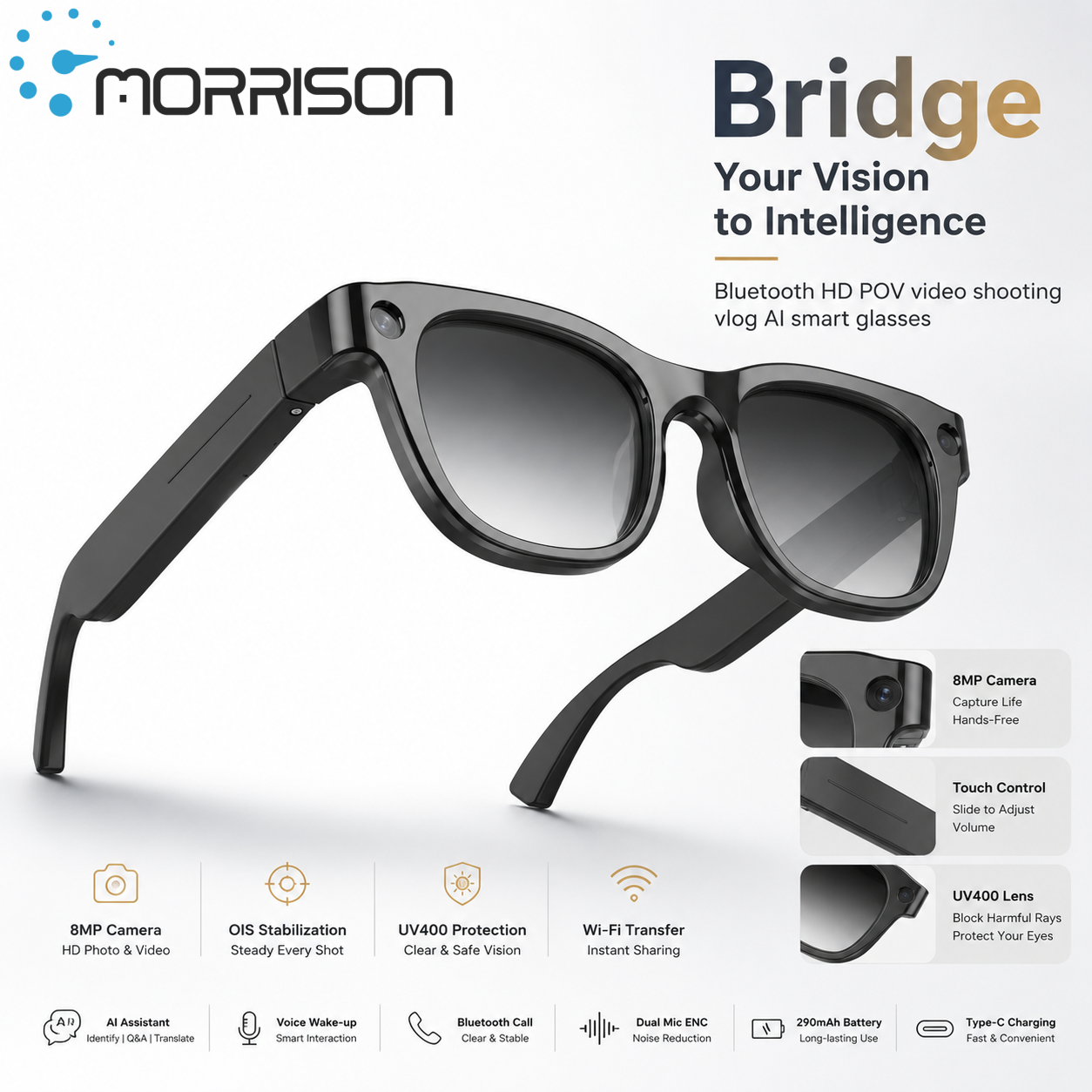 Morrison Bluetooth HD POV Video Shooting Vlog AI Smart Glasses with 8MP Camera UV400 Lens Voice Assistant