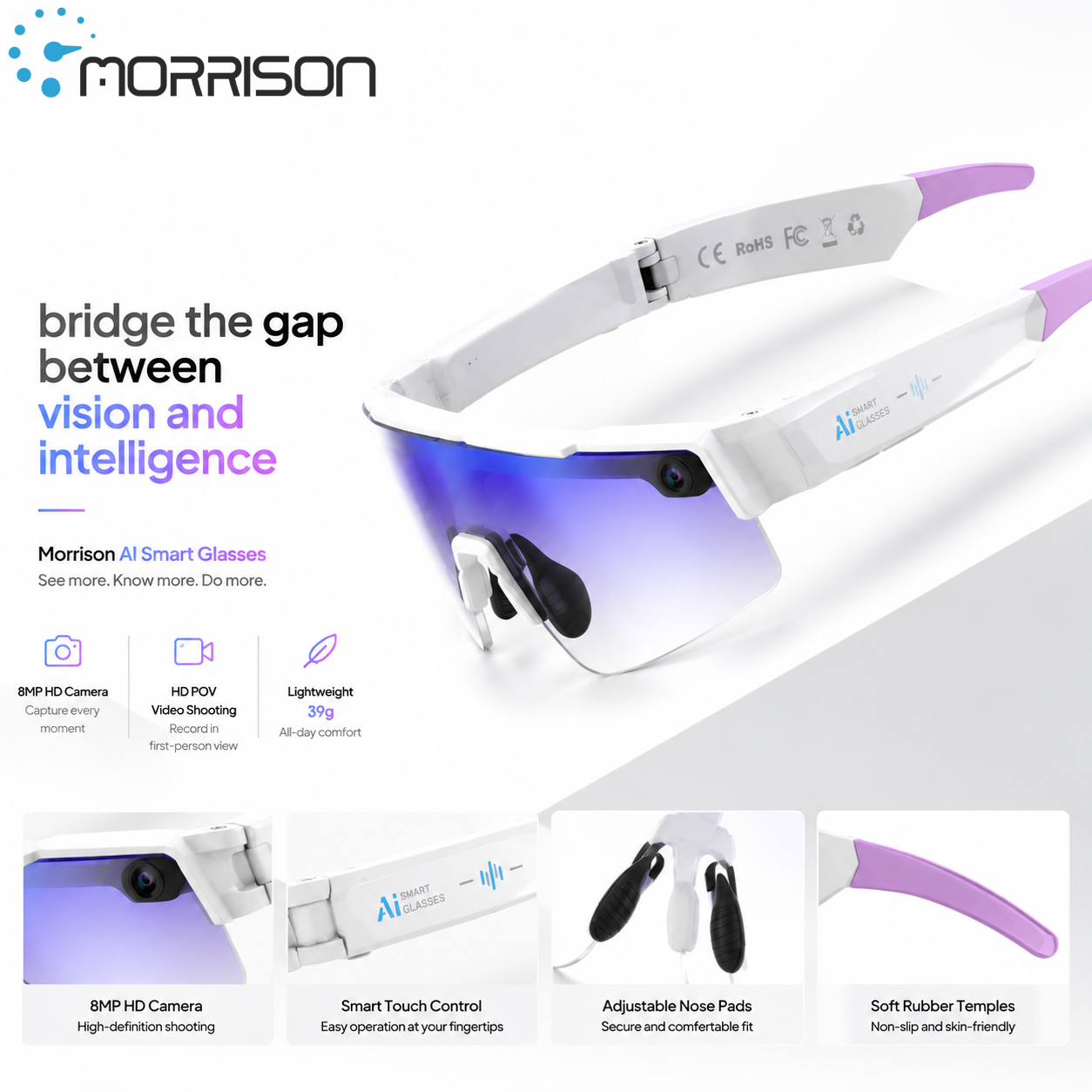 Morrison Bluetooth HD POV Video Shooting Vlog AI Smart Glasses 8MP Camera WiFi Translation Cycling Outdoor Sports Eyewear
