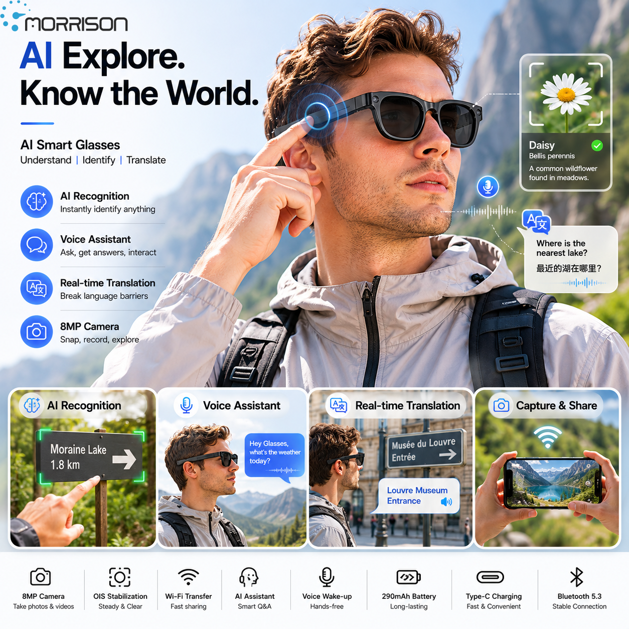 Morrison Bluetooth HD POV Video Shooting Vlog AI Smart Glasses with 8MP Camera UV400 Lens Voice Assistant
