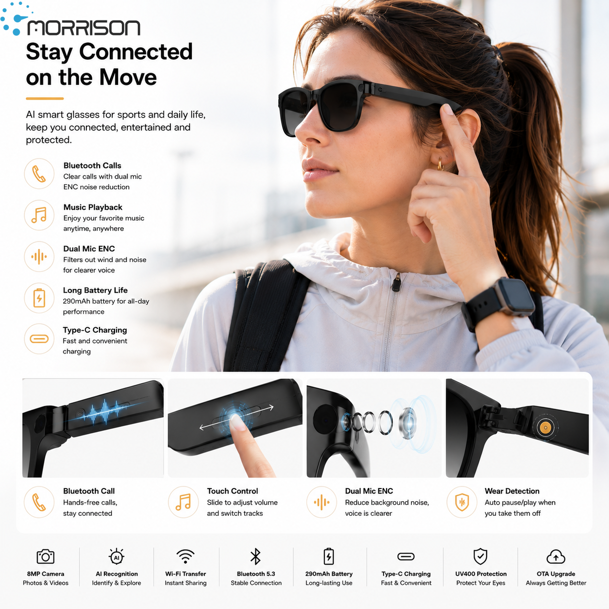 Morrison Bluetooth HD POV Video Shooting Vlog AI Smart Glasses with 8MP Camera UV400 Lens Voice Assistant