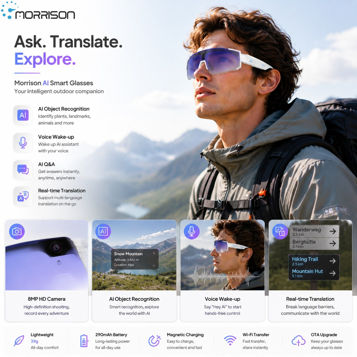 Morrison Bluetooth HD POV Video Shooting Vlog AI Smart Glasses 8MP Camera WiFi Translation Cycling Outdoor Sports Eyewear
