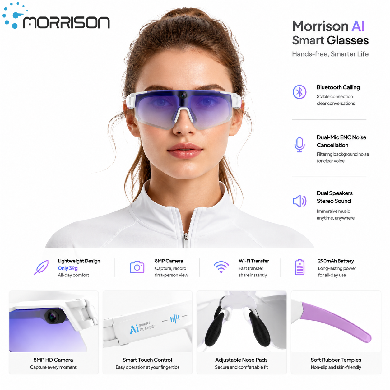 Morrison Bluetooth HD POV Video Shooting Vlog AI Smart Glasses 8MP Camera WiFi Translation Cycling Outdoor Sports Eyewear