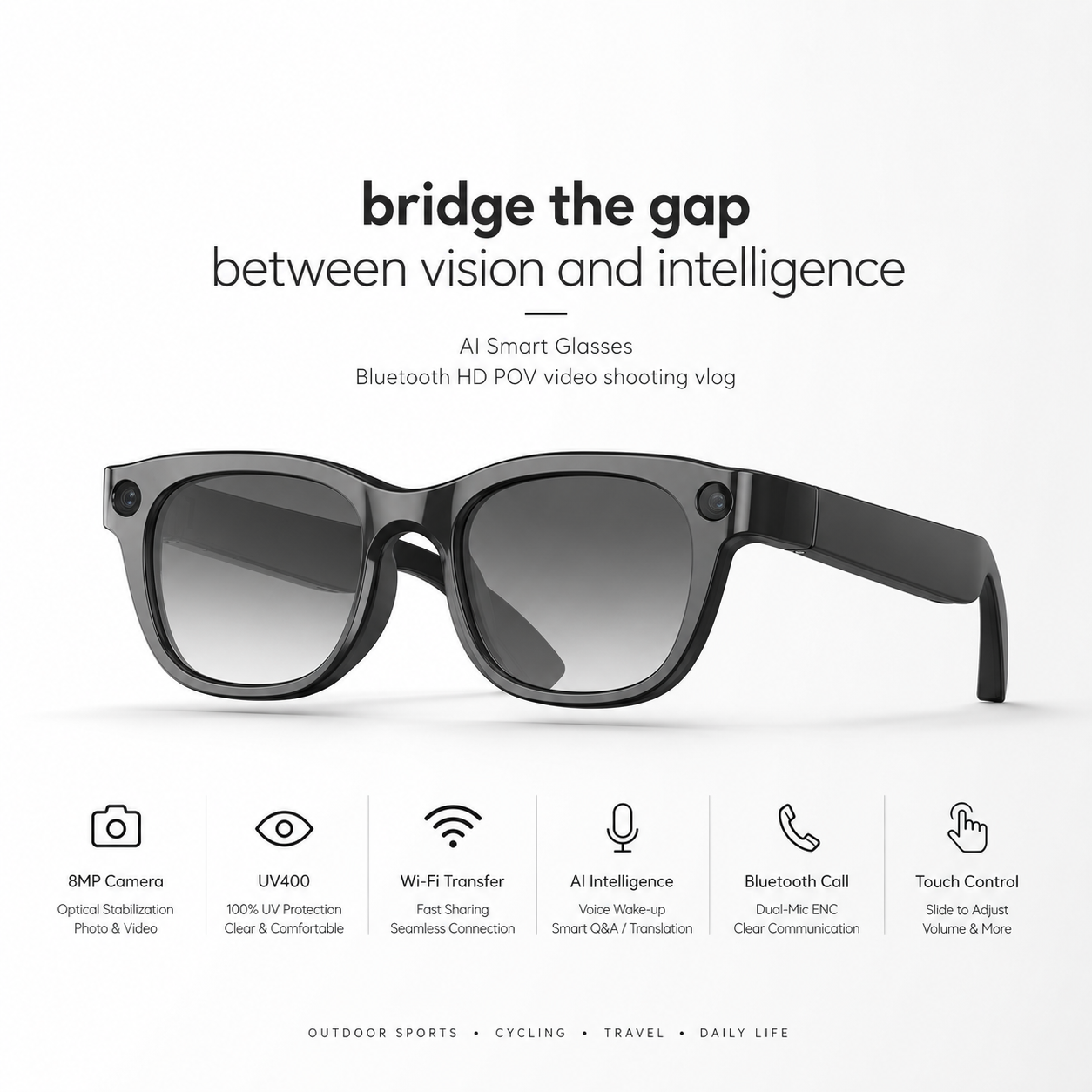 Morrison Bluetooth HD POV Video Shooting Vlog AI Smart Glasses with 8MP Camera, Voice Assistant & WiFi Transfer